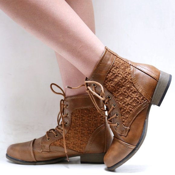 Shoes - New Tan Lace Up Lace Panel Ankle Boots Booties